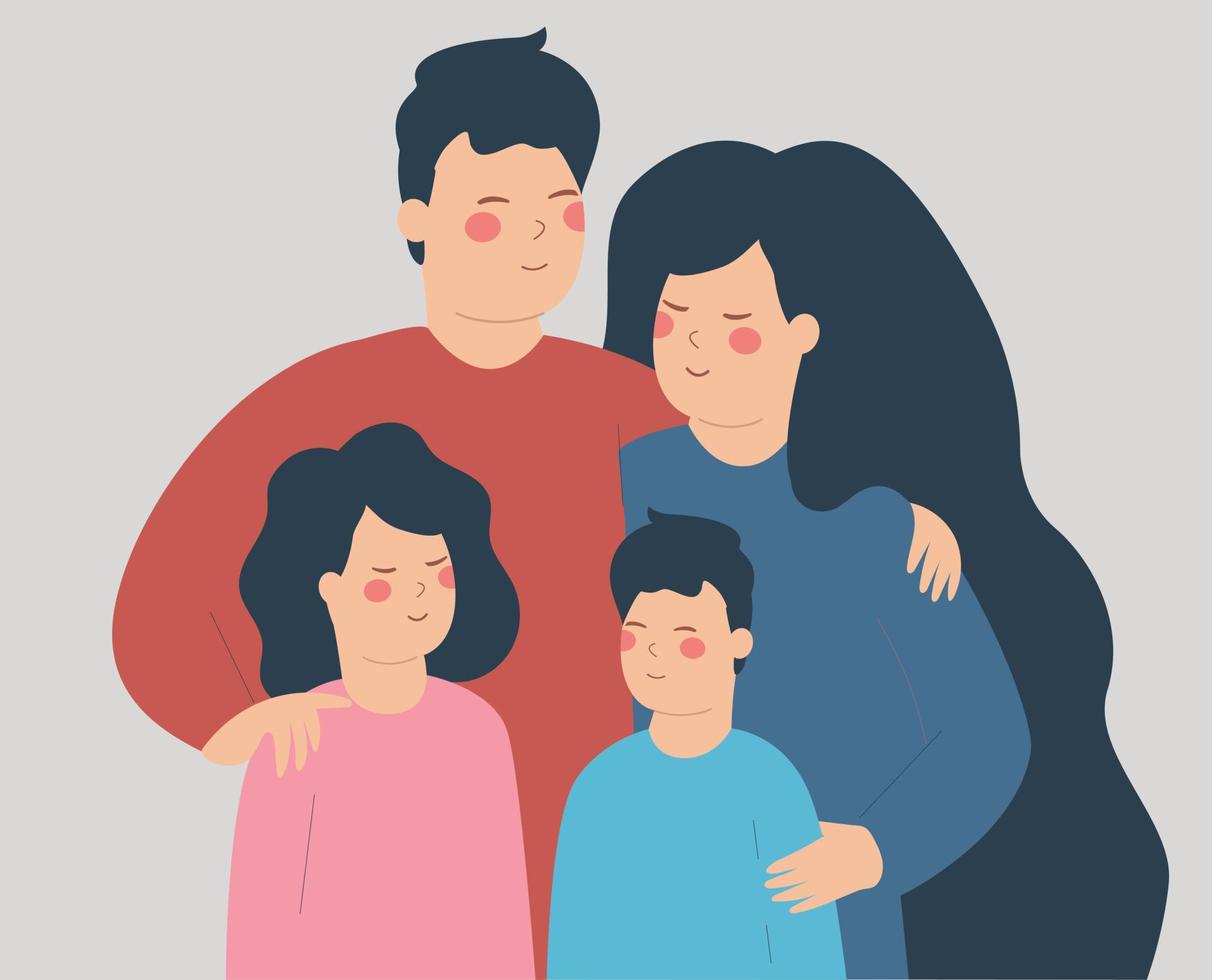 retrato de padre y madre abrazan a sus hijos con amor. la pareja o los padres abrazan a sus hijos con cuidado. matrimonio exitoso, familia feliz y concepto de paternidad positivo. ilustración vectorial vector