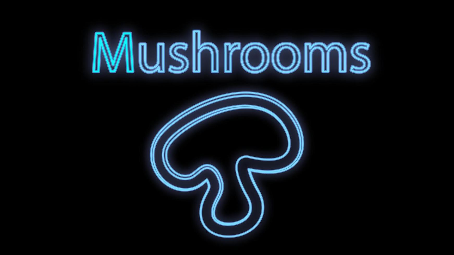 mushrooms on a black background, vector illustration, neon. a piece of champignon in a cut. neon sign in blue with the inscription mushrooms. blue illumination for fast food decoration