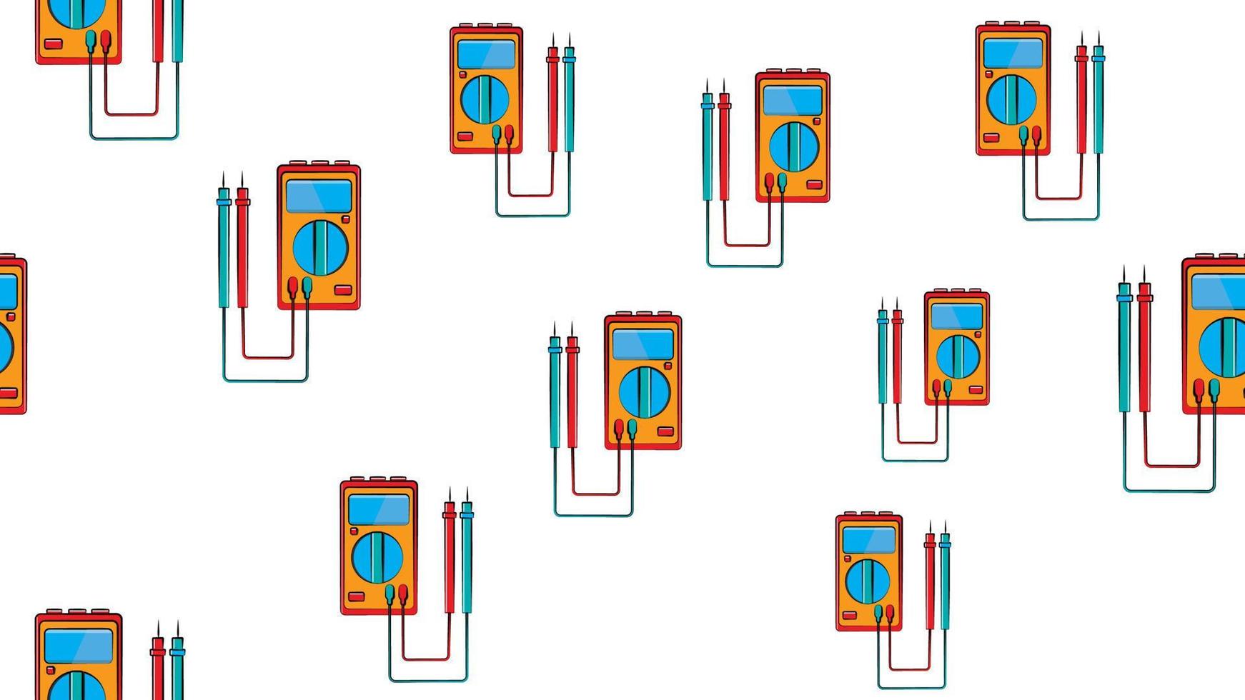 Texture, seamless pattern of red and yellow instruments for measuring the strength and voltage of electric current, multimeter, tester on a white background. Vector illustration