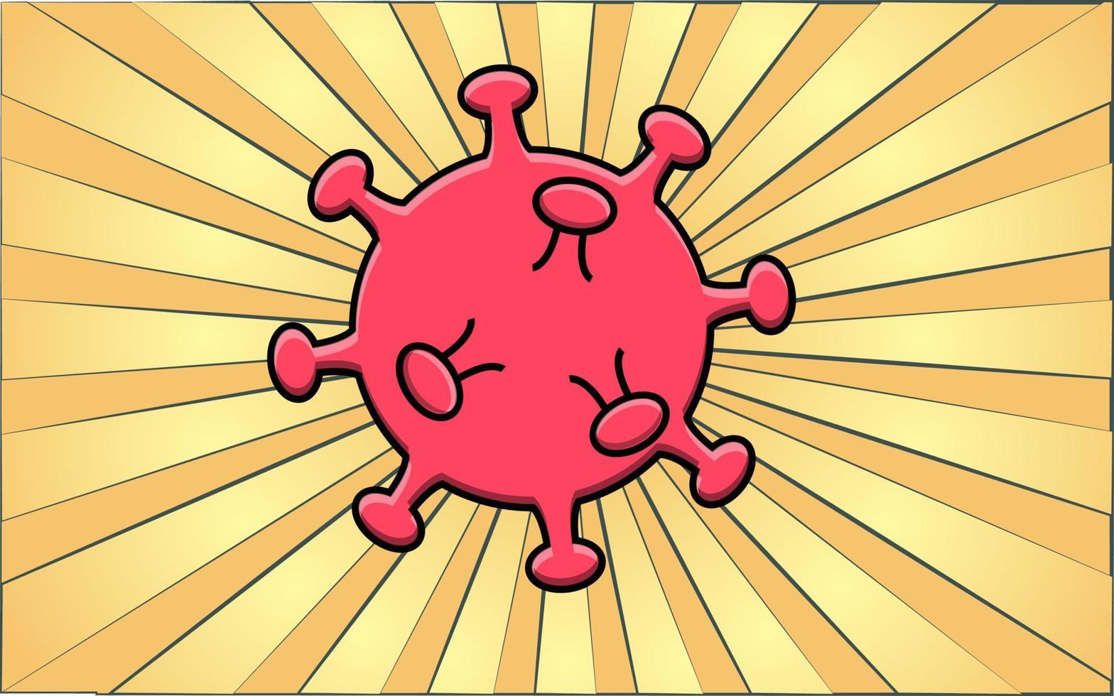 Red virus dangerous deadly epidemic pandemic of the microbe coronavirus covid-19 against a background of yellow abstract rays. Vector illustration