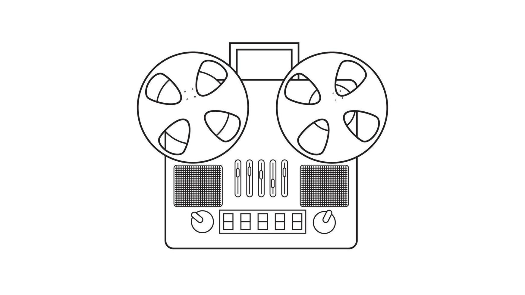 Old retro vintage music cassette tape recorder with magnetic tape on reels from the 70s, 80s, 90s. Black and white icon. Vector illustration