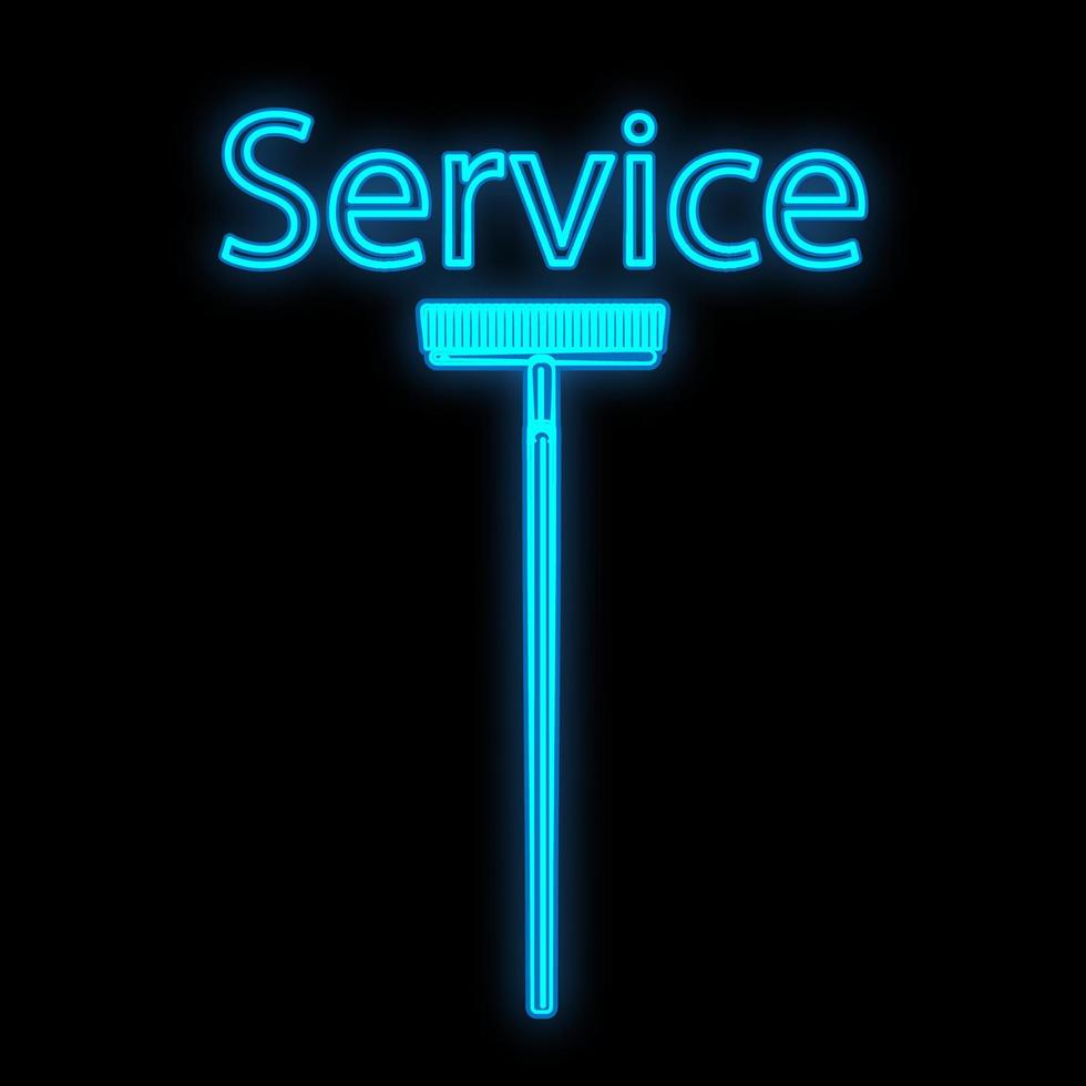 Bright glowing blue construction industrial digital neon sign for service center workshop shop beautiful shiny with a mop for renovation on a black background. Vector illustration