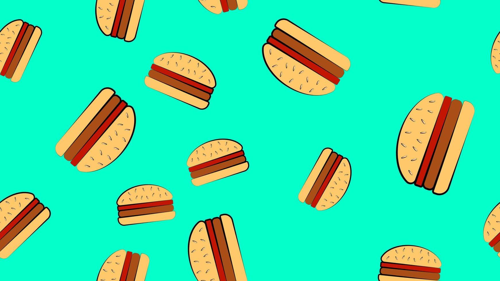 sin fisuras de hamburguesas sobre un fondo azul, ilustración vectorial. deliciosa comida rápida. papel tapiz para café, diseño de decoración del hogar. hamburguesas brillantes, jugosas y coloreadas para comida rápida vector