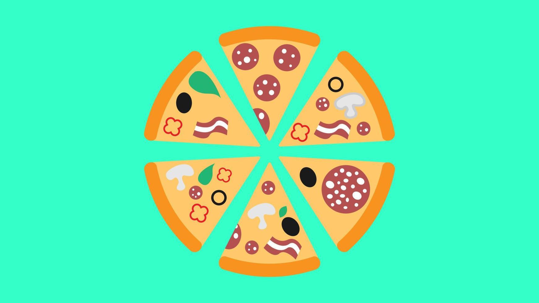 pizza con coberturas sobre un fondo azul, ilustración vectorial. un montón de rebanadas de pizza con diferentes rellenos de salami con manteca de cerdo, aceitunas, tocino y verduras con hierbas. merienda de comida rapida vector