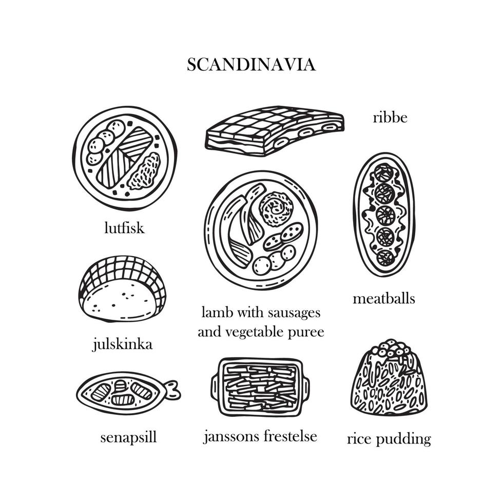 Vector set of illustrations of the Scandinavian Christmas dishes. Hand-drawn illustration.