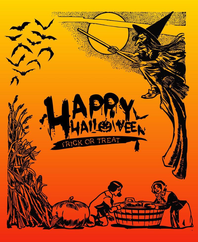 Happy Halloween with Witch and Bats. Vector illustration for poster, greeting card, print, party invitation