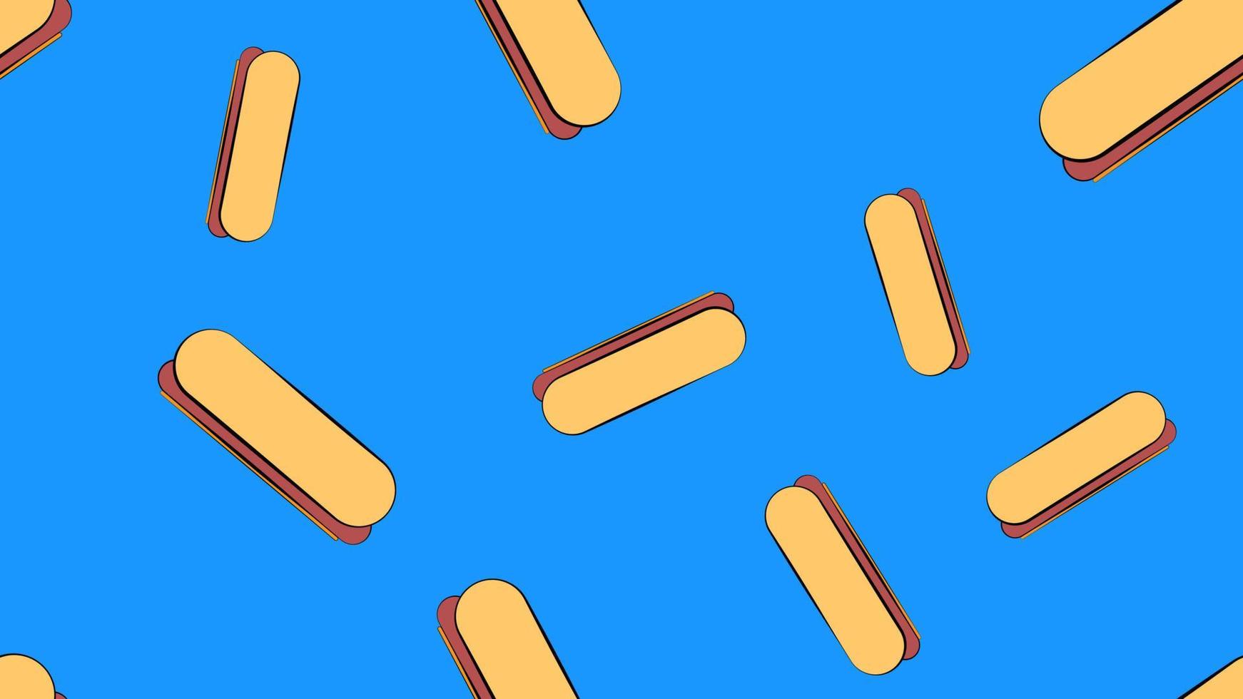 hot dog on a blue background, vector illustration, pattern. sausage sandwich, stuffed, appetizing bun. wallpaper for kitchen, restaurant and cafe. illustration for catering decor