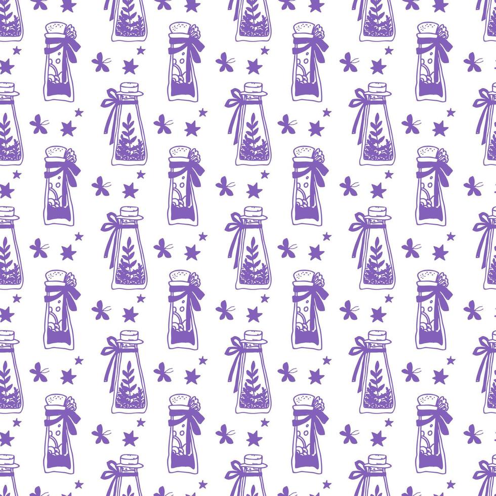 Magic concept vector seamless pattern. Seamless pattern of stars, potion bottles and moths.