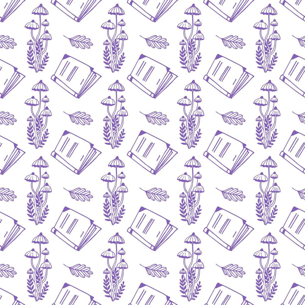 Magic concept vector seamless pattern. Seamless pattern of toadstools, book and herbs.