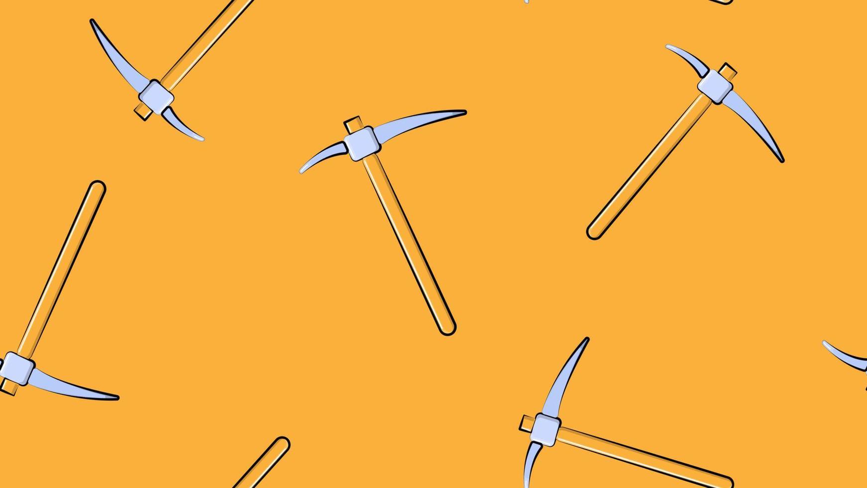 Texture, seamless abstract pattern from construction miner's pickaxe with a wooden handle for repair, mining, excavation on a yellow, orange background. Vector illustration