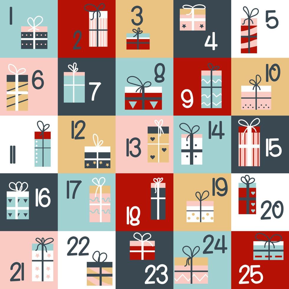 Advent calendar of Christmas or Xmas winter holiday. Vector countdown to Christmas with numbers