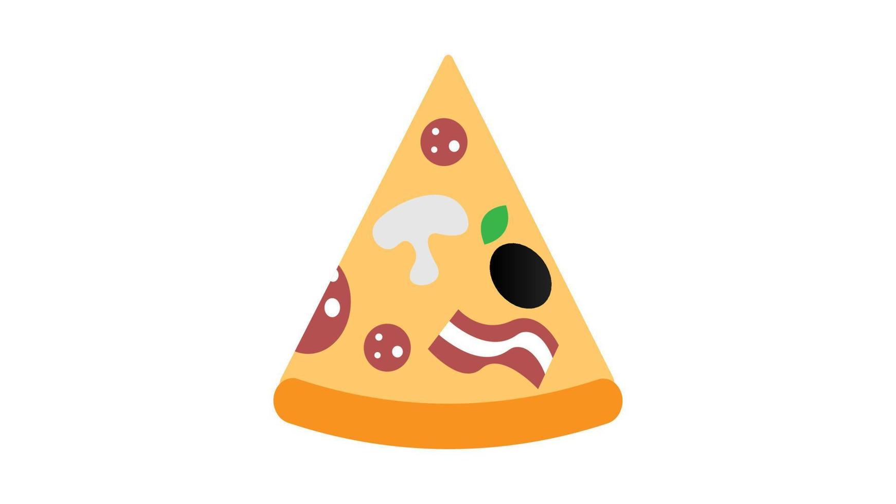 rebanada de pizza sobre un fondo blanco, ilustración vectorial. una rebanada triangular de pizza rellena de champiñones, tocino, aceitunas y salami. refrigerio de comida rápida con alto contenido calórico, graso y salado vector