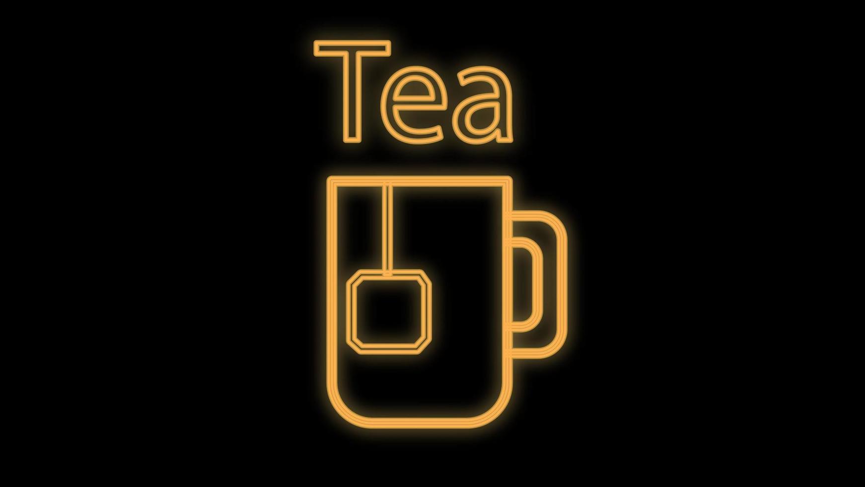 mug of tea with a tea bag inside on a black background, vector illustration, neon. tea with a disposable tea bag. neon sign in orange. bright signboard with the inscription tea for a coffee shop