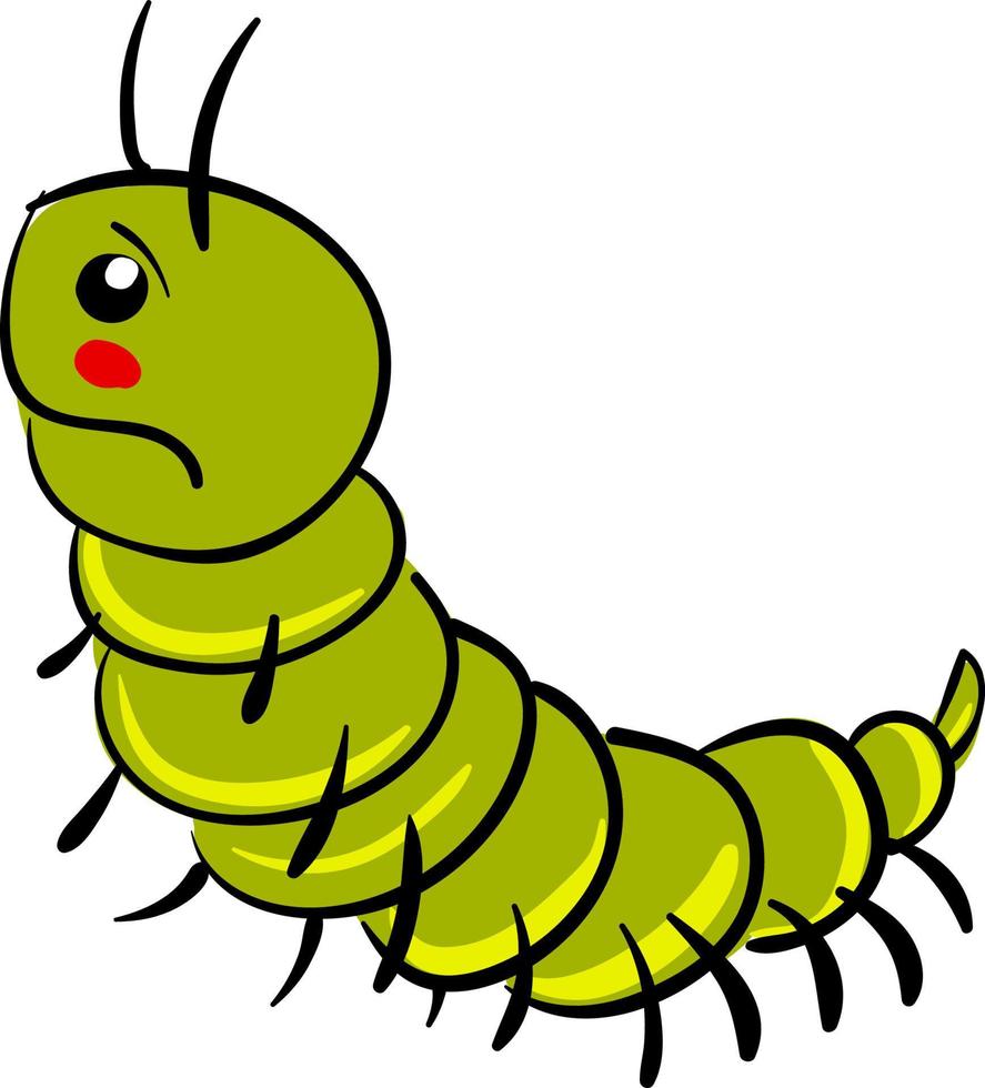 Sad green centipede, illustration, vector on white background.