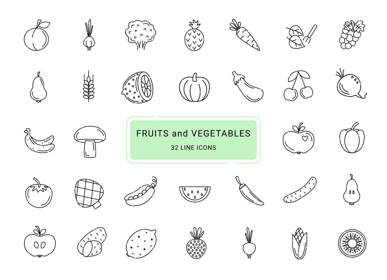 Fruits and vegetables, 32 line vector icons