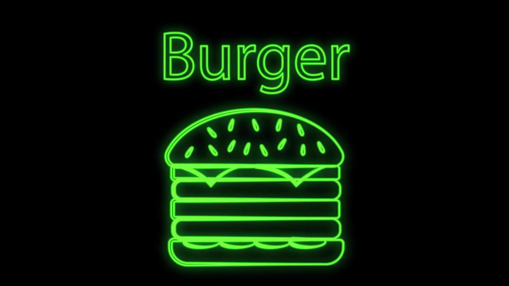 burger on a black background, vector illustration. burger neon with green backlight. appetizing sandwich to satisfy hunger. fast food, hearty food. meat snack