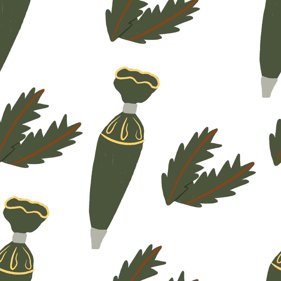 Seamless pattern pastry bag with cream and Christmas tree branches vector