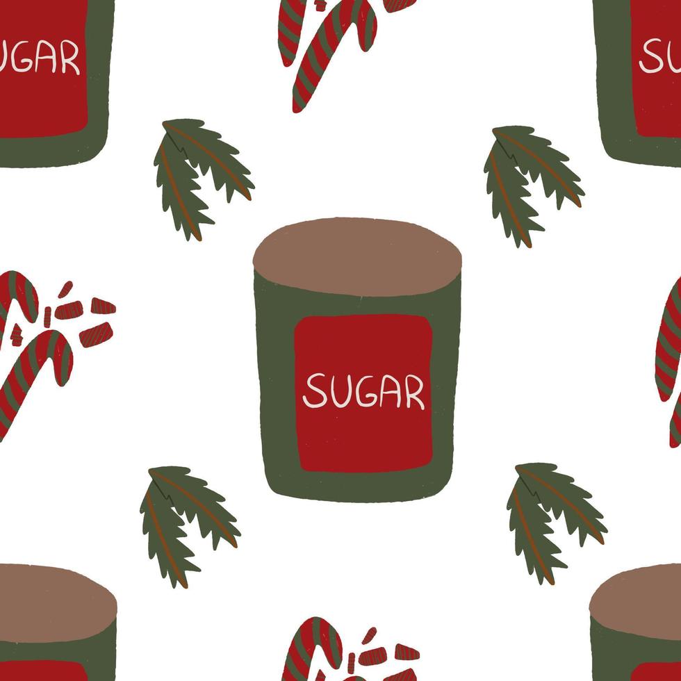 Seamless pattern with sugar jar, Christmas candy and Christmas tree branches vector