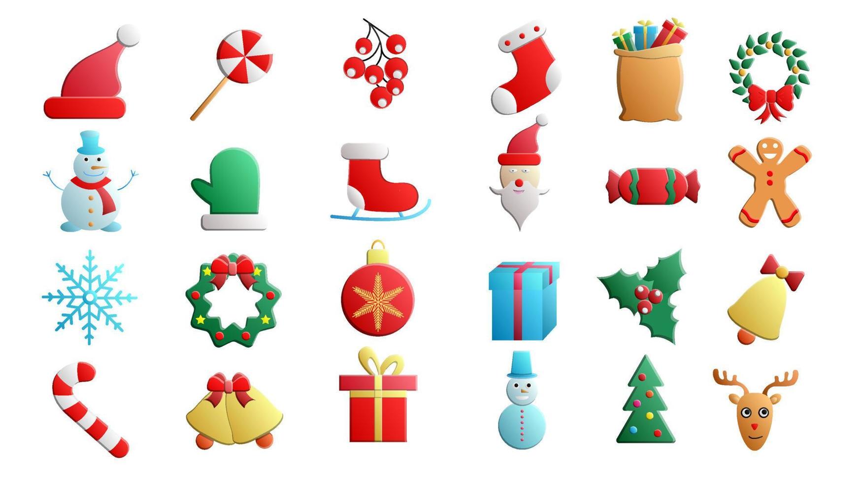 Christmas and New Year 2021 flat color icon set with snowflakes, christmas tree, balls, santa, sock, gift, drink and other stuff on white background. Vector illustration for xmas holidays