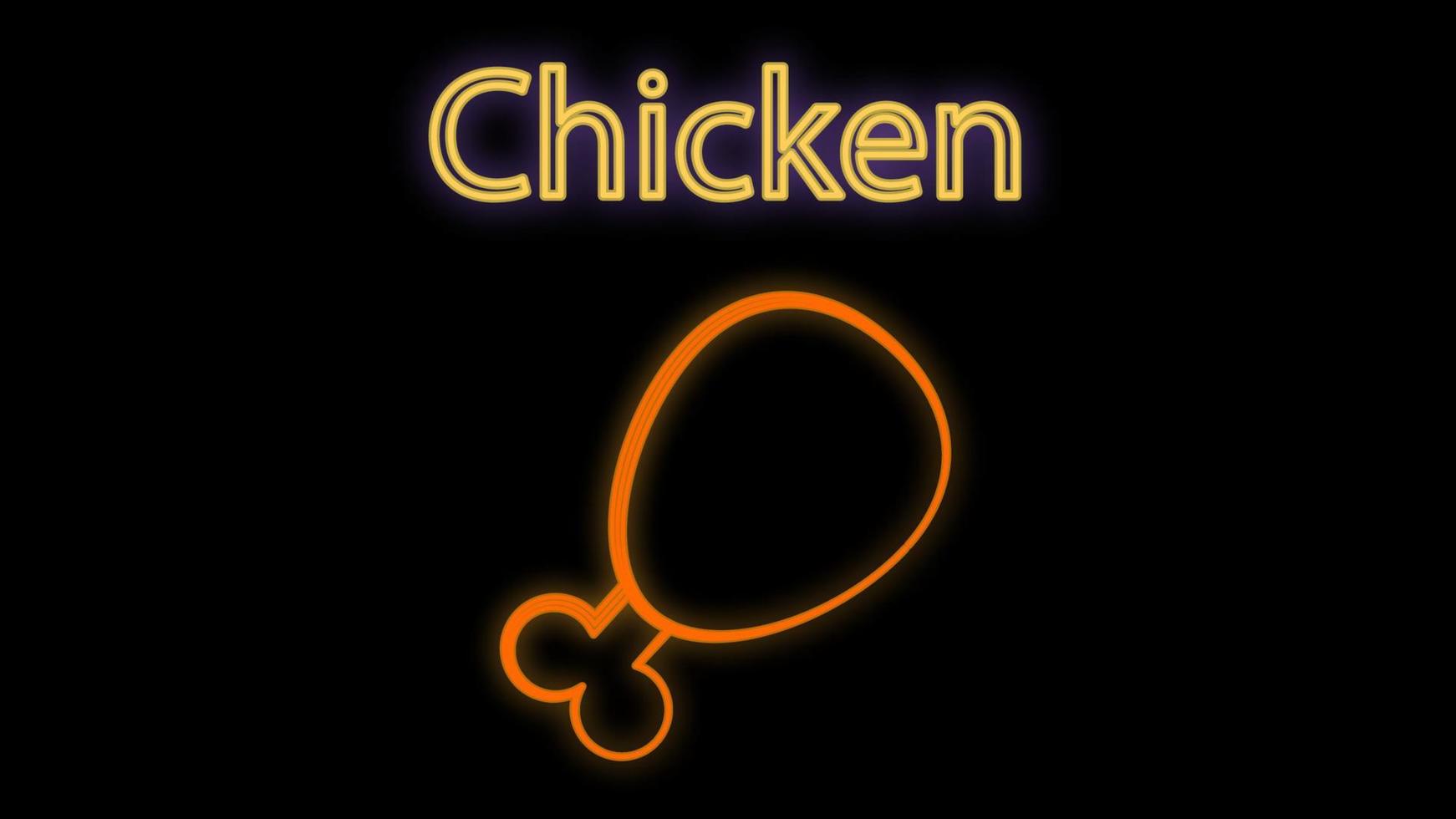muslos de pollo sobre un fondo negro, ilustración vectorial. señal de neón. naranja neón. caja brillante con la inscripción pollo. muslos de pollo empanados, comida rápida, merienda rápida vector