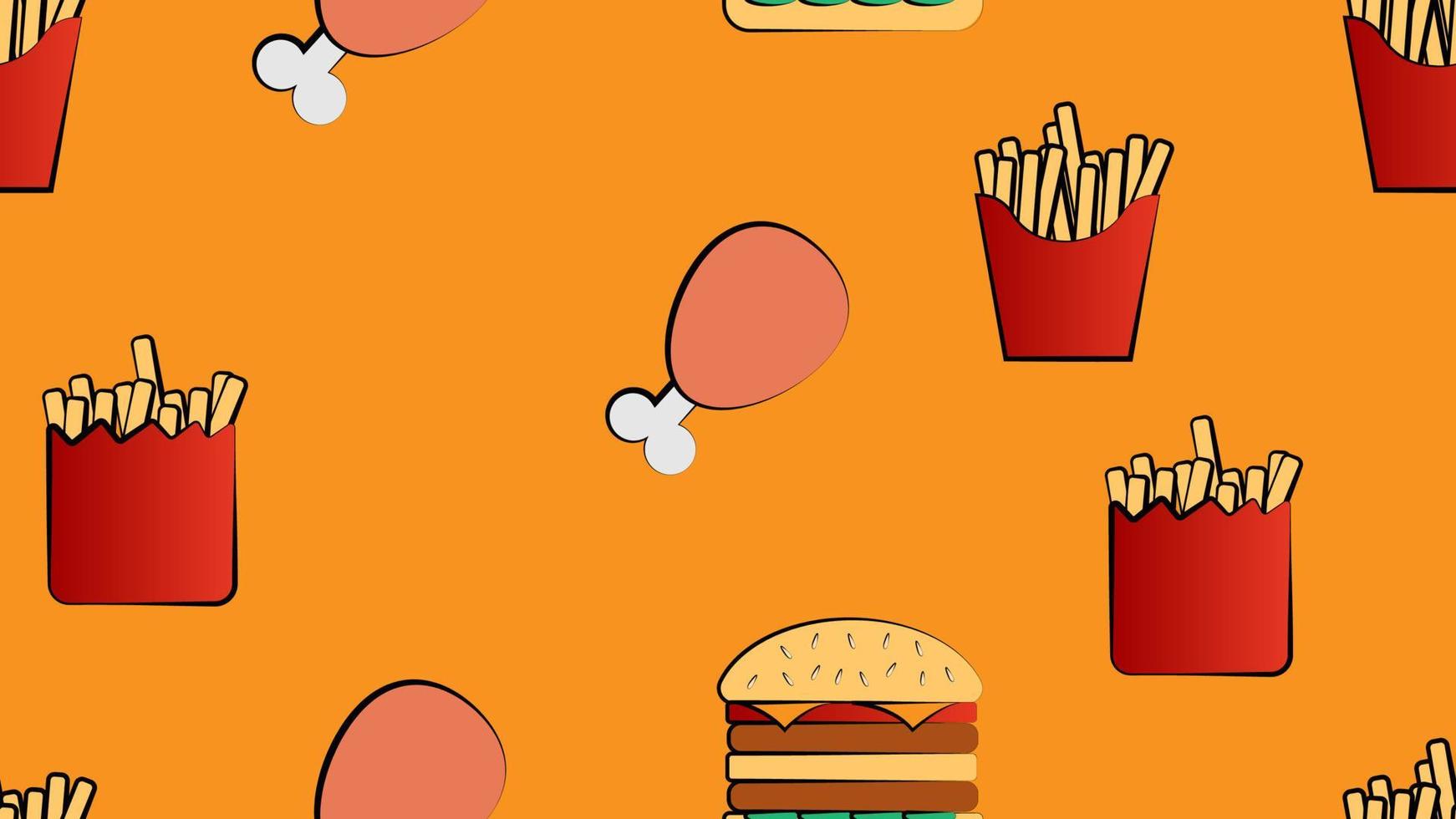 Seamless endless pattern of different delicious hearty hot fries, hamburgers, fast food chicken legs on an orange background. Texture vector