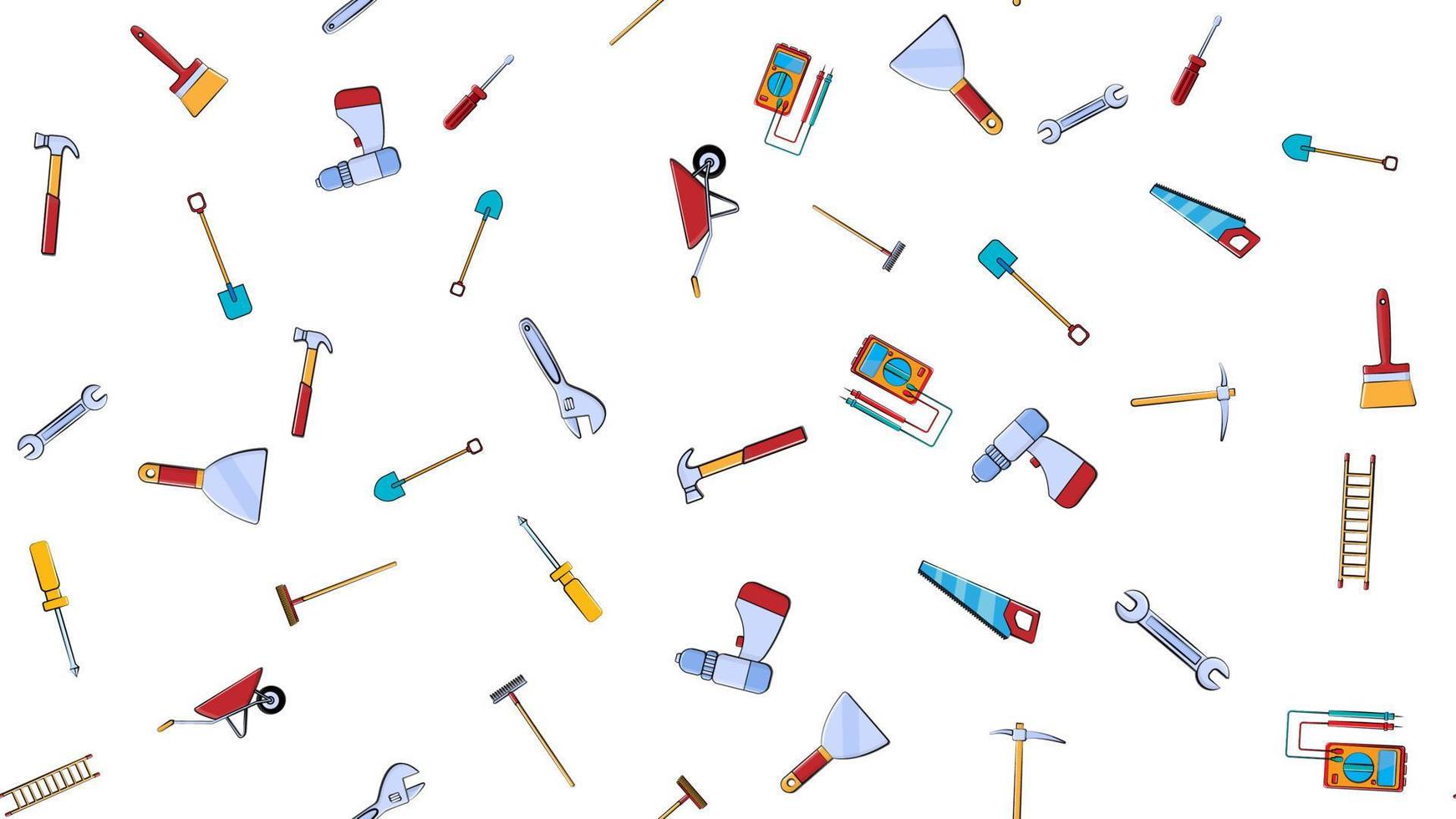 Texture, seamless pattern from a set of construction tools for repair hammer, shovel, screwdriver, wrench, tester, brush, saw, trolley, trowel, ladder on a white background. Vector illustration