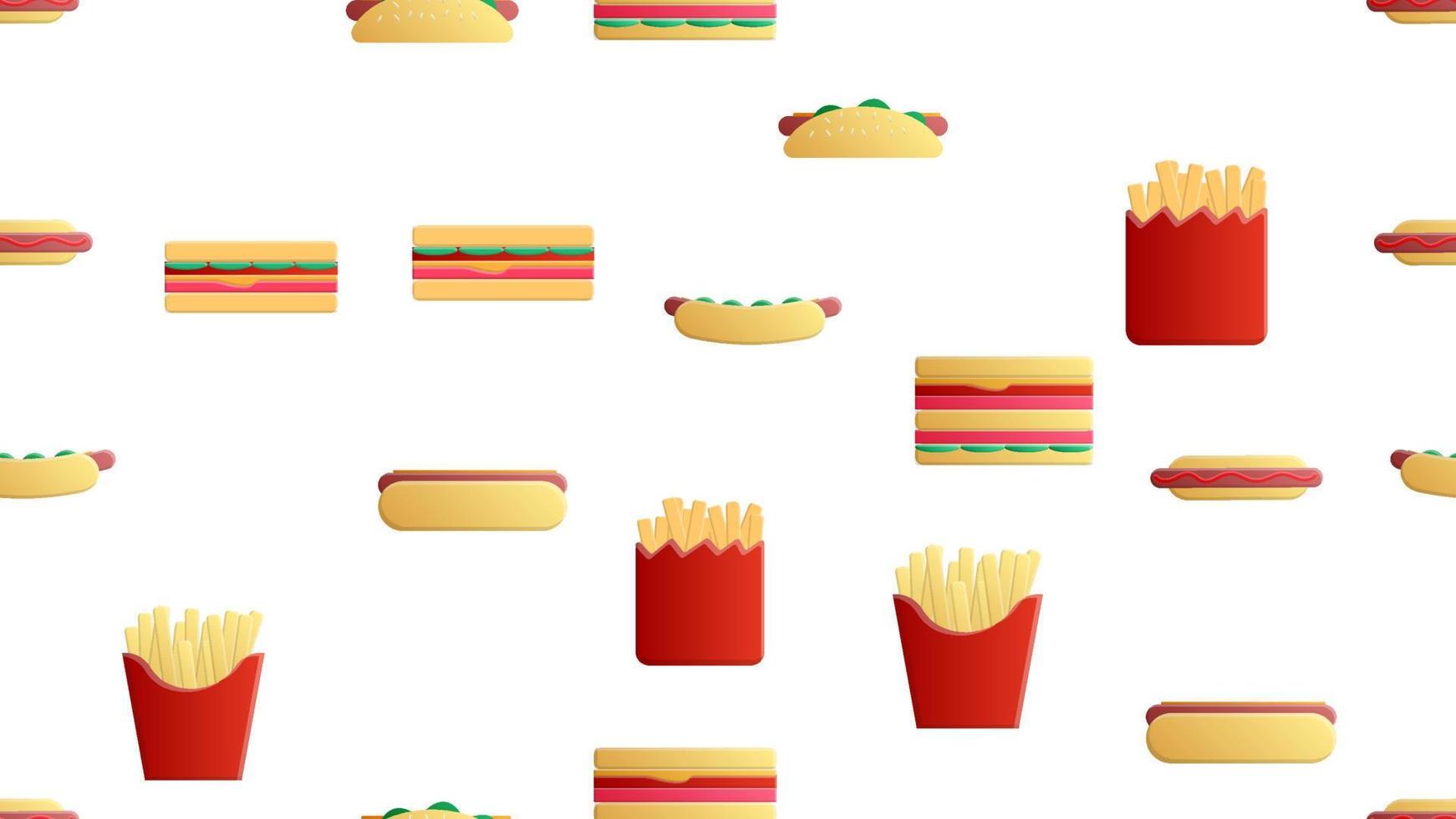 Seamless endless pattern of different delicious hearty hot hot dogs, sandwiches, fast food fries on a white background. Texture vector