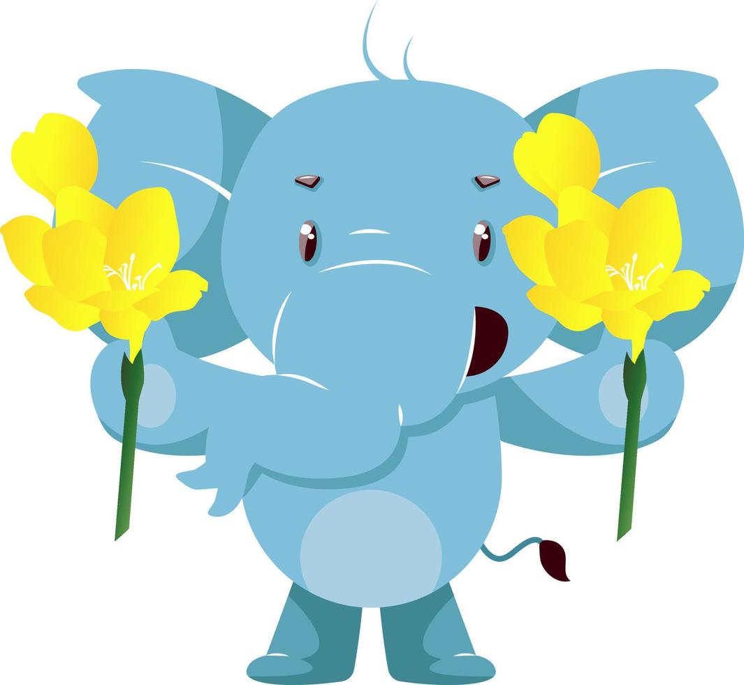 Elefante con flores amarillas, ilustración, vector sobre fondo blanco.