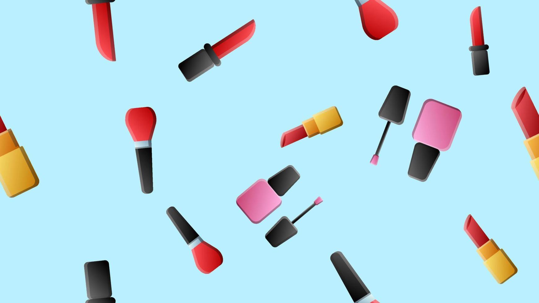 Hand drawn cosmetics seamless pattern. Nail polish, mascara, lipstick, eye shadows, brush, powder, lip gloss, hearts. Pink background vector