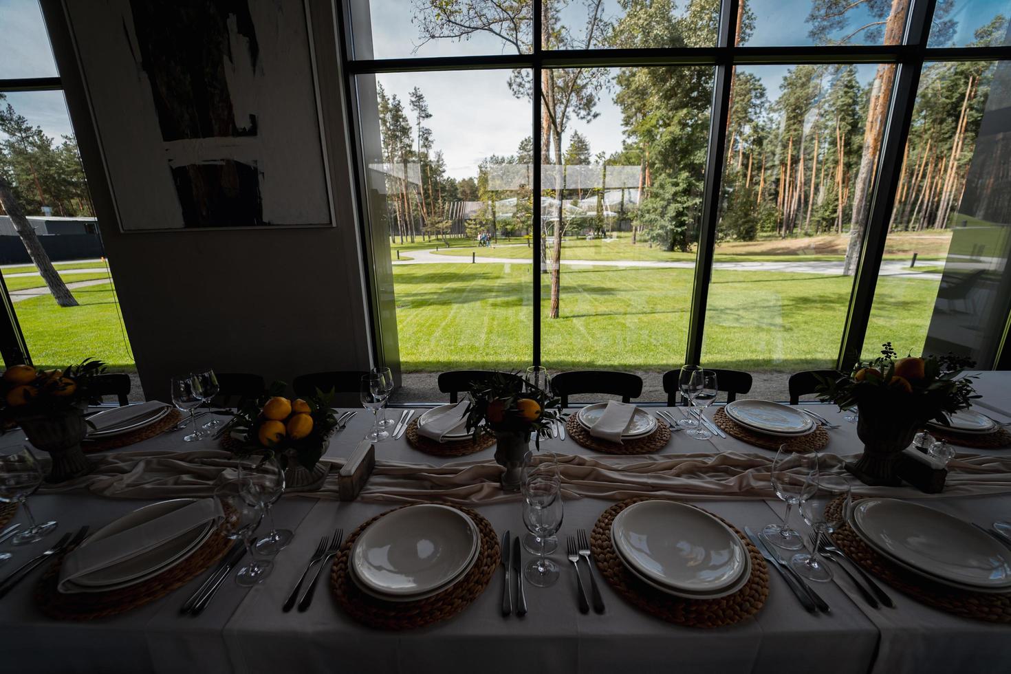 View of the lawn through the window of the banquet hall photo