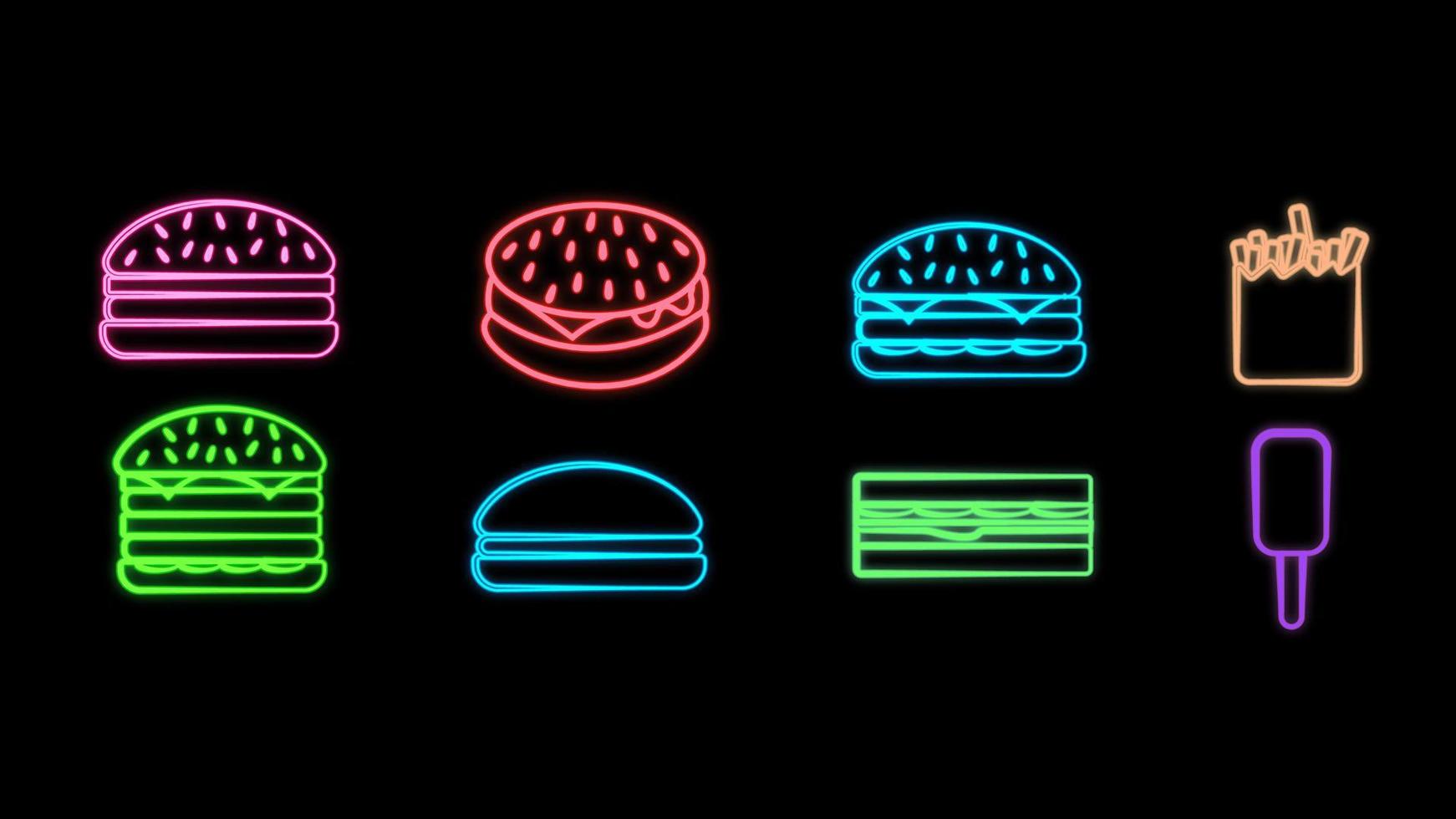 Large set of neon bright glowing delicious sweet food and treats, fast food, burgers, sandwiches, fries and ice cream treats for use as an icon, logo or sign vector