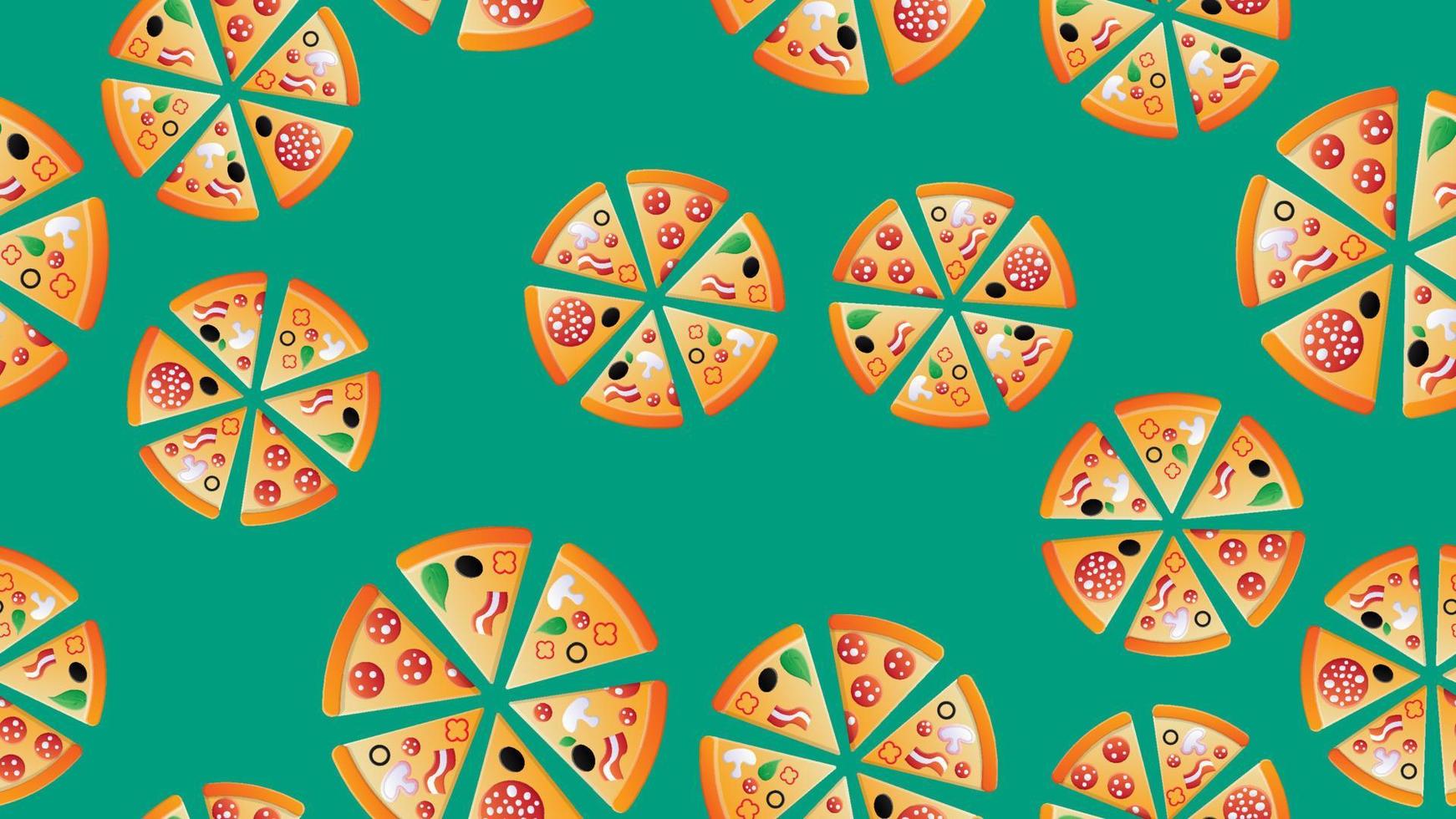seamless pattern of pizza cartoon letters on a green background. Vector image