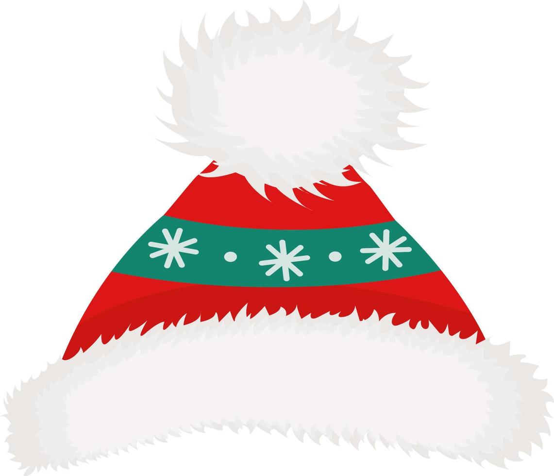 Christmas hats in red and green shades with snowflakes. A beautiful hat with snowflakes and a large pompom. Vector hand-drawn illustration in cartoon style. Winter fashion. Christmas accessories.