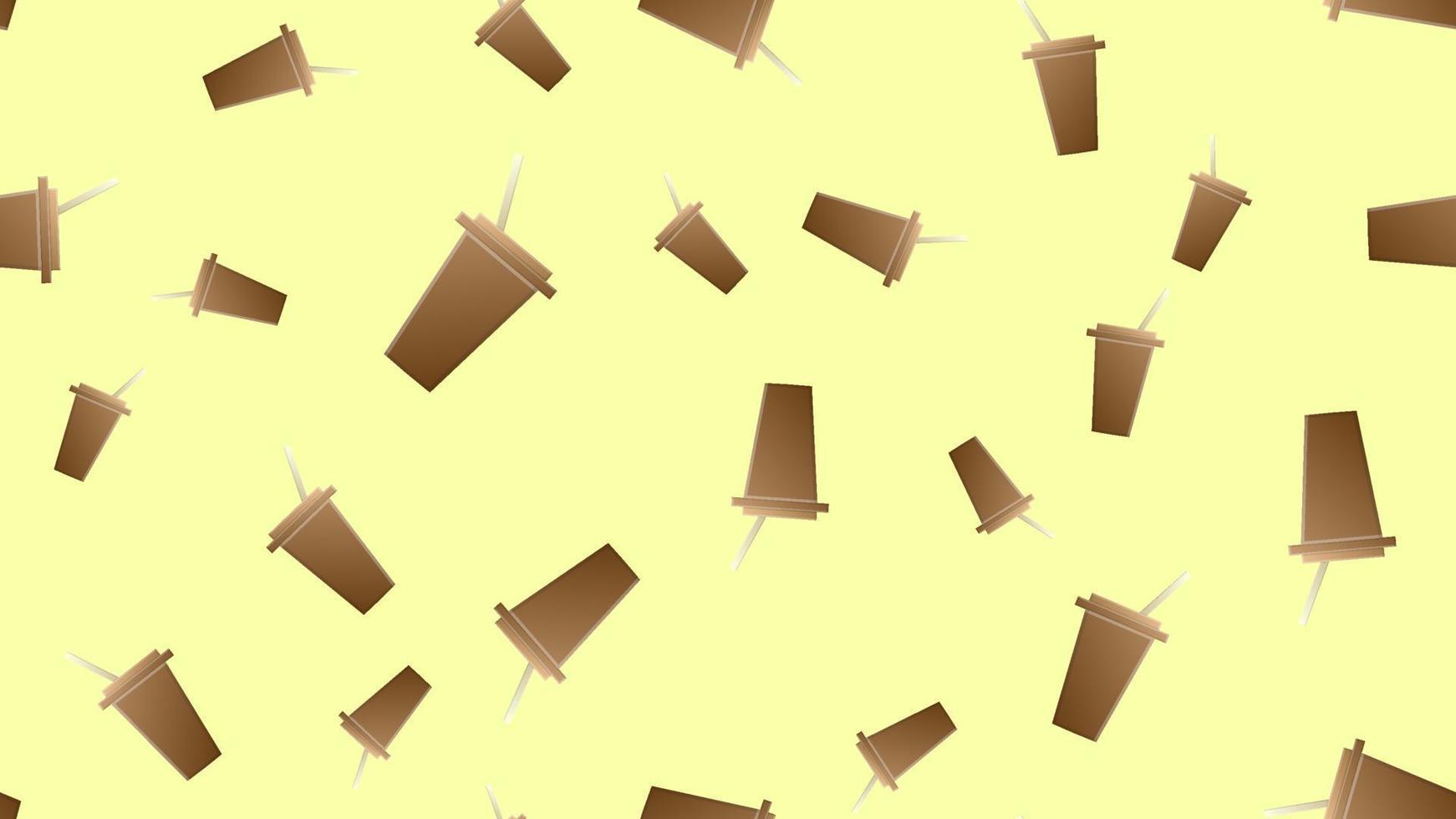 glass for drinks on a yellow background, vector illustration, pattern. brown glass for coffee and tea with a lid and a straw. wallpaper for cafe and restaurant. kitchen decoration