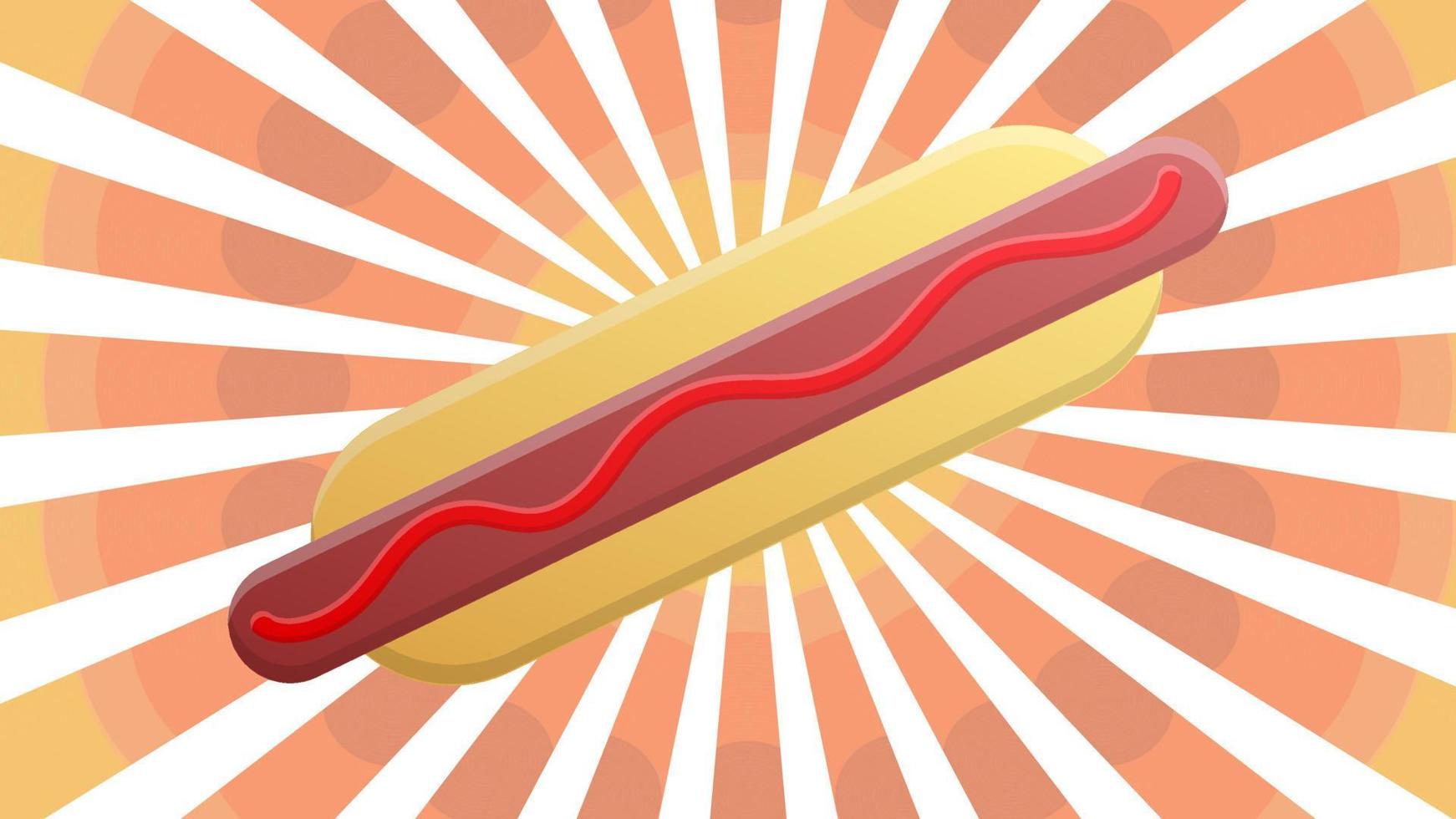 hot dog on a white-red retro background, vector illustration. bun with sausage, ketchup. favorite snack. lunch time. hearty fast food instead of soup and a full meal