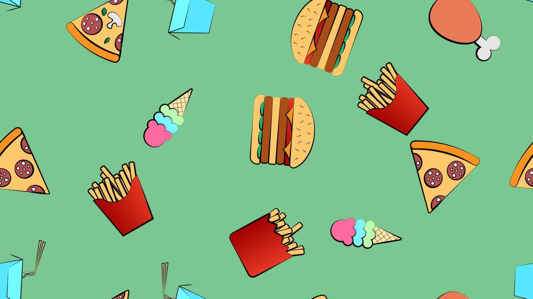 Seamless endless pattern of assorted delicious hearty hot fries, gpizza, ice cream fast food on a green background. Texture vector