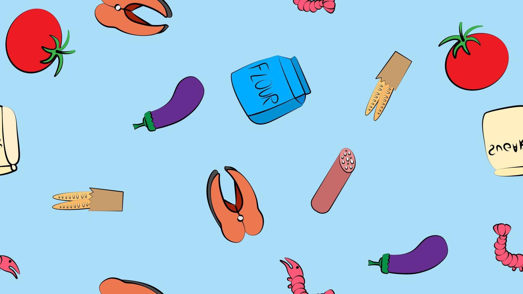 Seamless pattern vegetables and seafood eggplant shrimps salmon tomatoes delicious sweet fresh beautiful on a blue background. The texture is endless vector