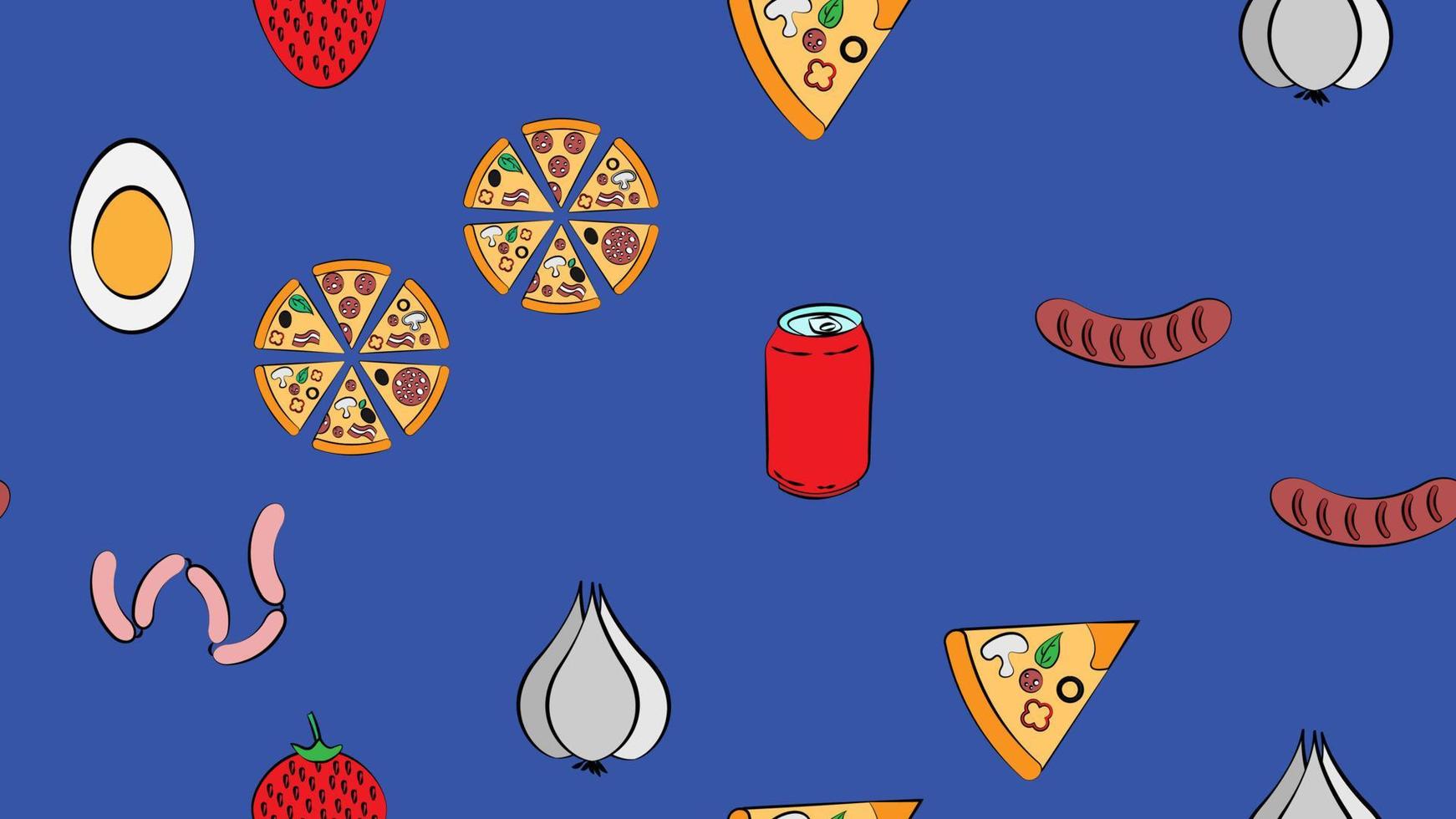 Seamless endless pattern of different delicious hearty hot sausages, soda, fast food pizzas on a blue background. Texture vector