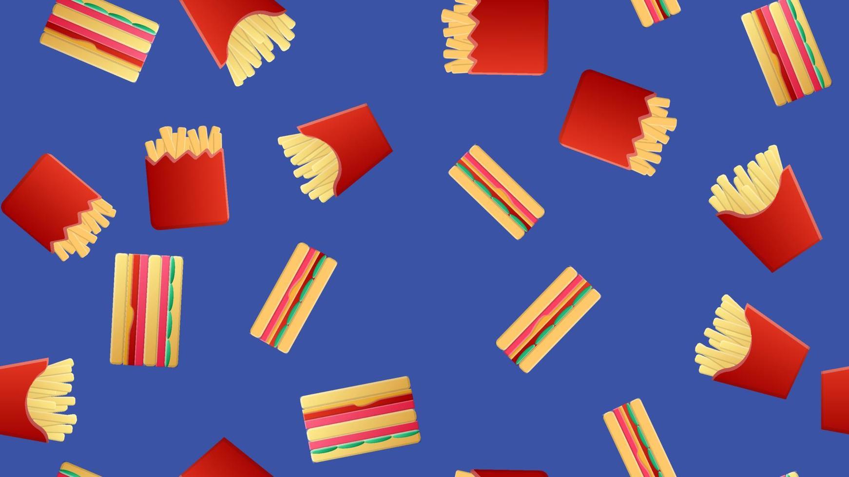 Patrón interminable sin costuras de diferentes deliciosos sándwiches calientes abundantes, papas fritas de comida rápida sobre un fondo azul. textura vector