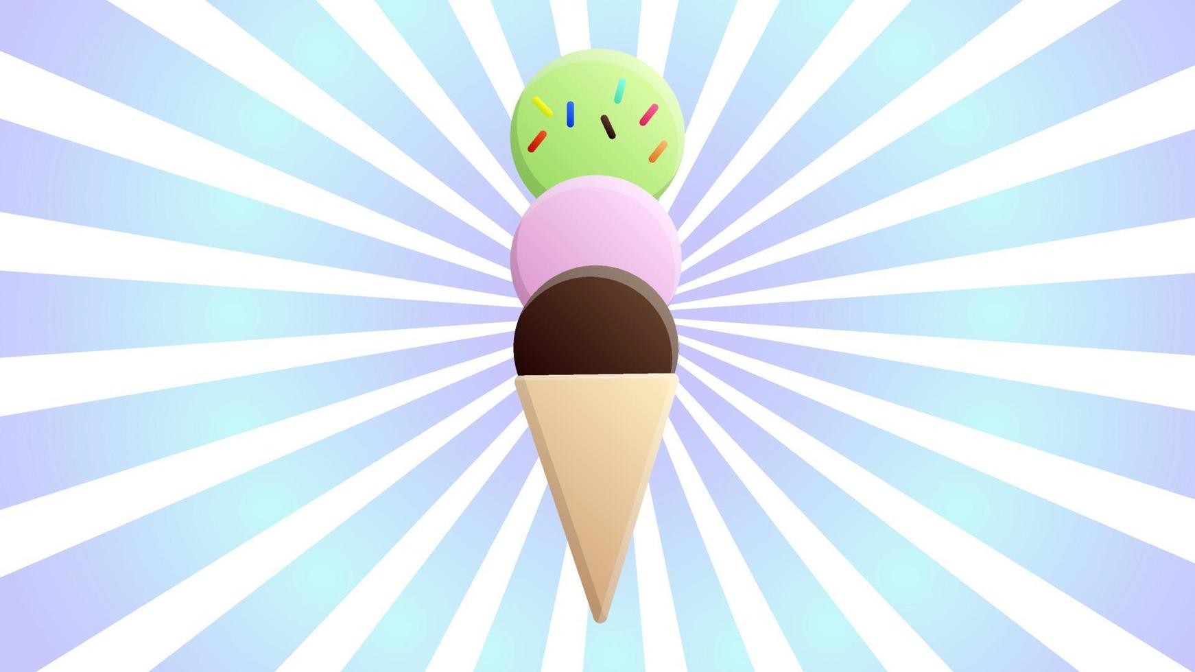 ice cream in balls in a waffle cup on a bright, dream-white retro background, vector illustration. an appetizing sweet dessert for children and adults. milk sweetness