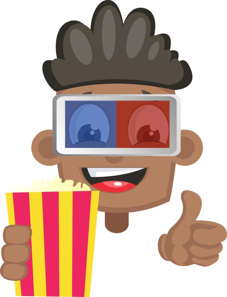 Boy with popcorn and 3d glasses, illustration, vector on white background.