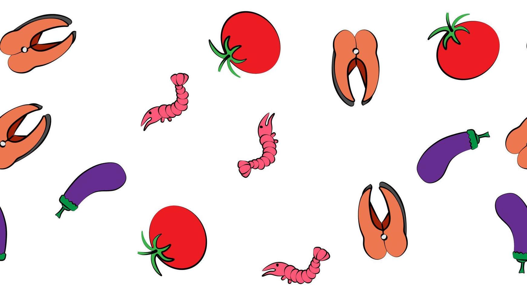 Seamless pattern vegetables and seafood eggplant shrimp salmon tomatoes delicious sweet fresh beautiful on a white background. The texture is endless vector