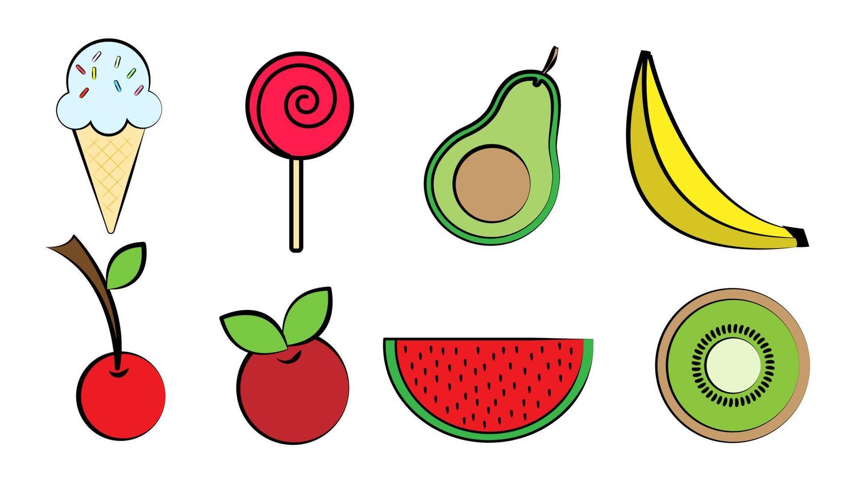 Large set of delicious sweet food and treats, fast food, ice cream treats, berries and fruits, kifi sweets, watermelon, avocado for use as an icon, logo vector