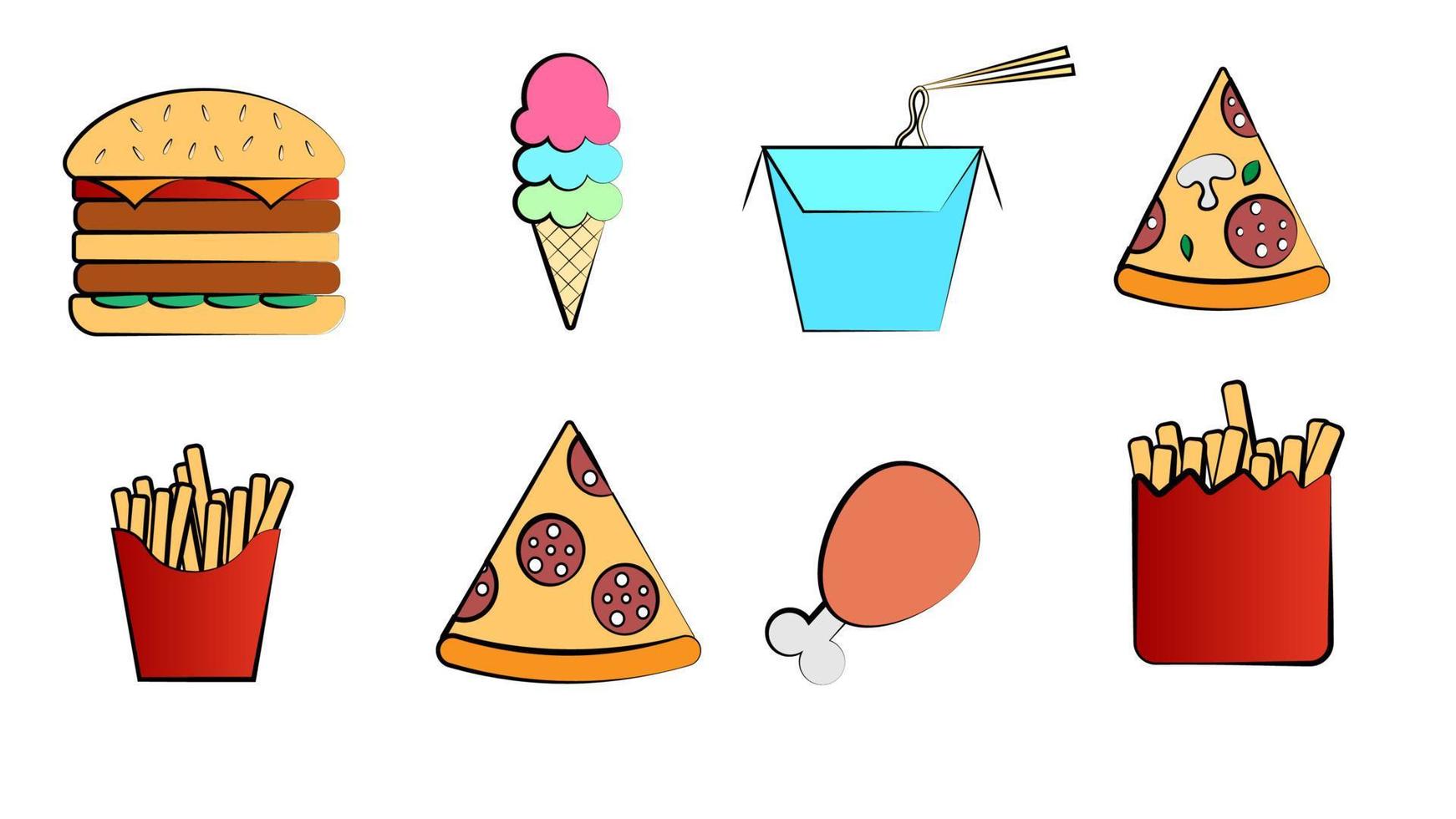 Big set of delicious sweet food and treats, fast food, burgers treats, french fries pizza, fried chicken and noodles for use as an icon, logo vector