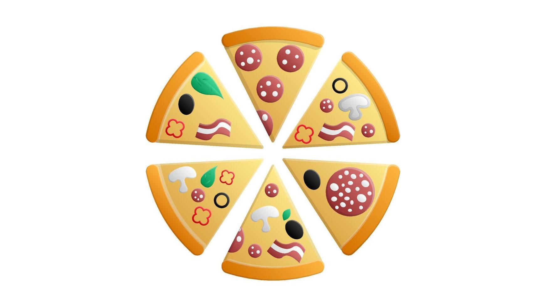 Colorful round tasty pizza on white background with salami tomato mushrooms and olives flat isolated vector illustration