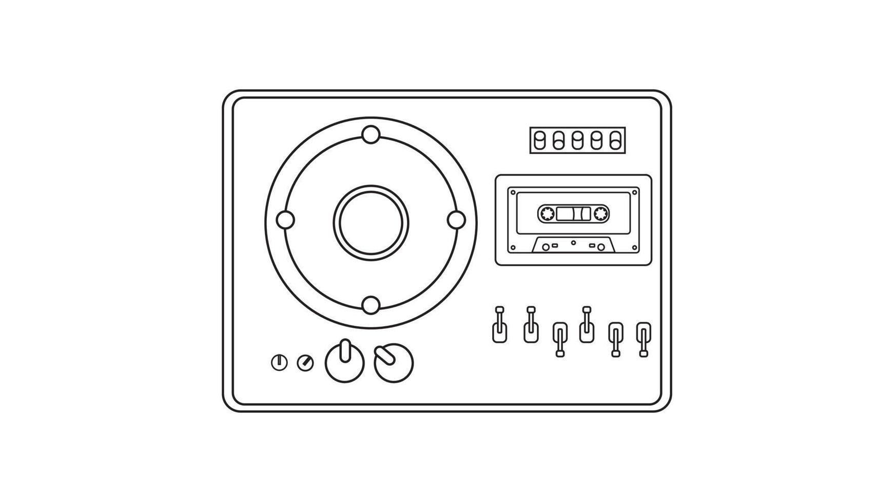 Old retro vintage music cassette tape recorder with magnetic tape on reels from the 70s, 80s, 90s. Black and white icon. Vector illustration