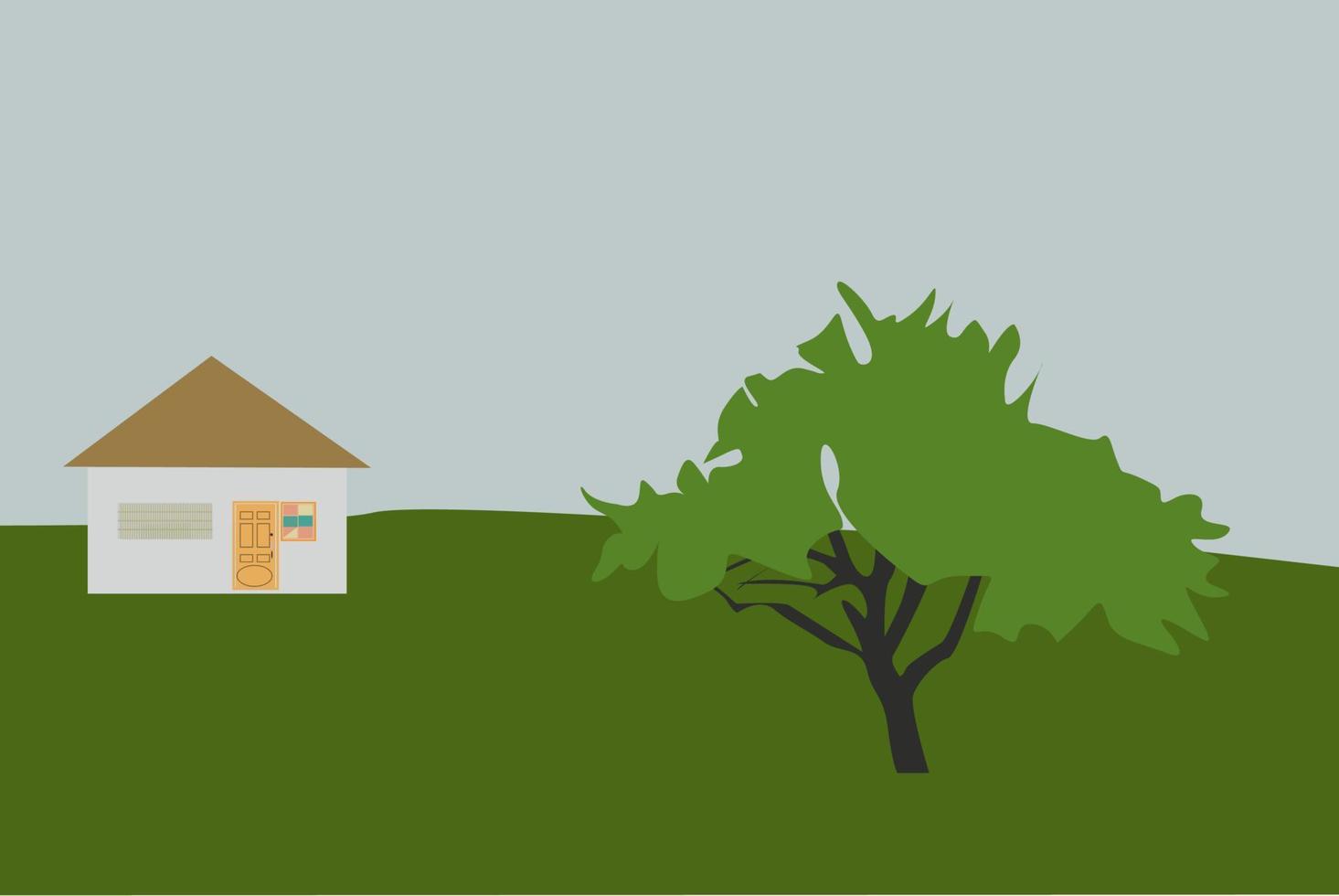 Tree and a house, illustration, vector on white background.