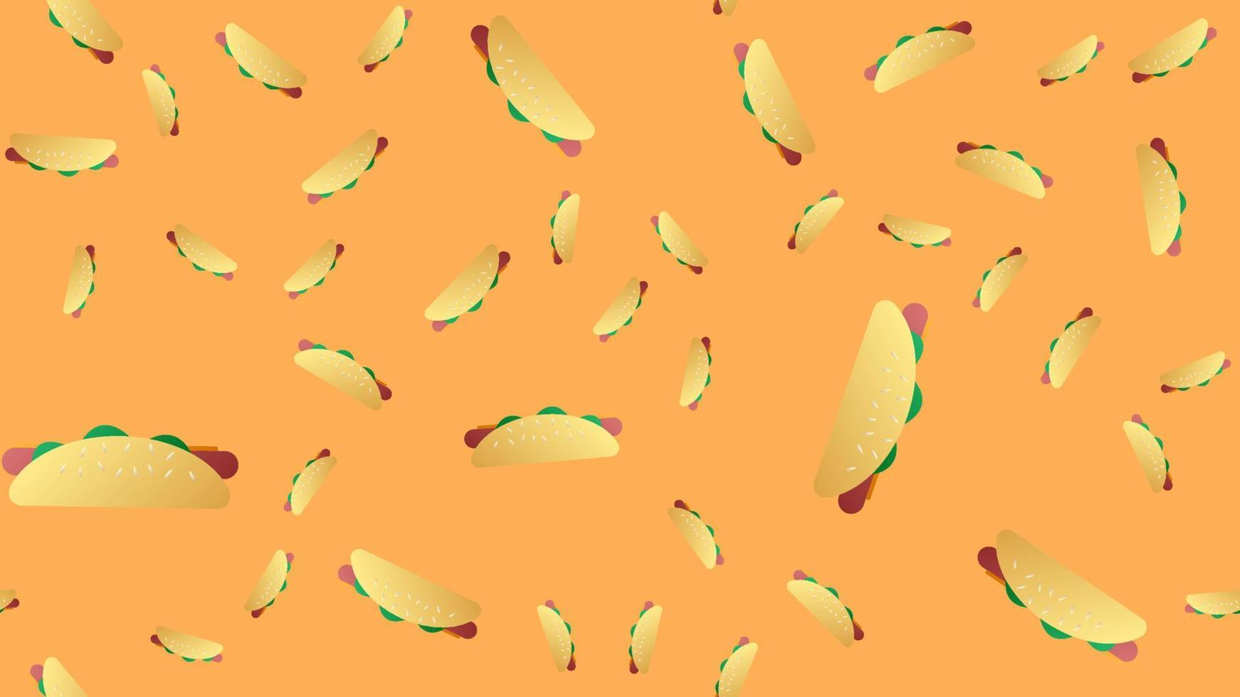 sausage sandwich on orange background, vector illustration, pattern. hot dog, hearty snack, fast food food. wallpaper for kitchen, restaurant and cafe. decor for catering
