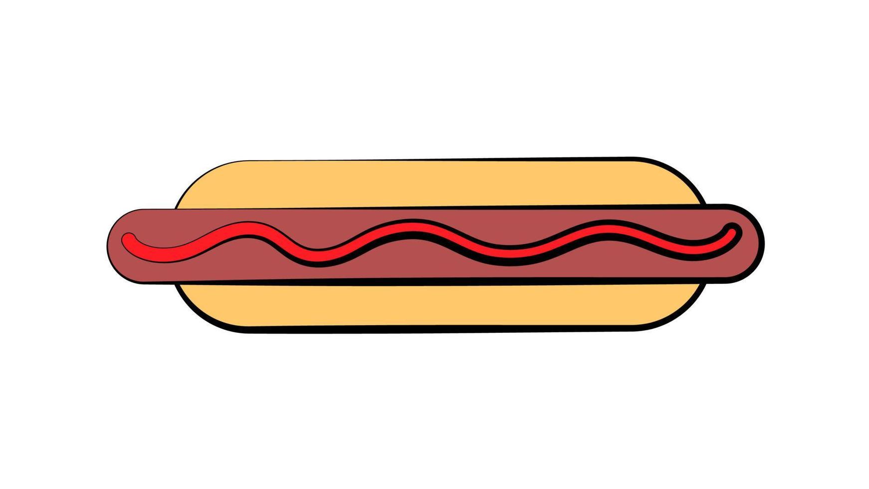 perrito caliente sobre fondo blanco, ilustración vectorial. bollo con salchicha, ketchup, mostaza. abundante relleno, un plato dañino. merienda de comida rápida. almuerzo alto en calorías vector