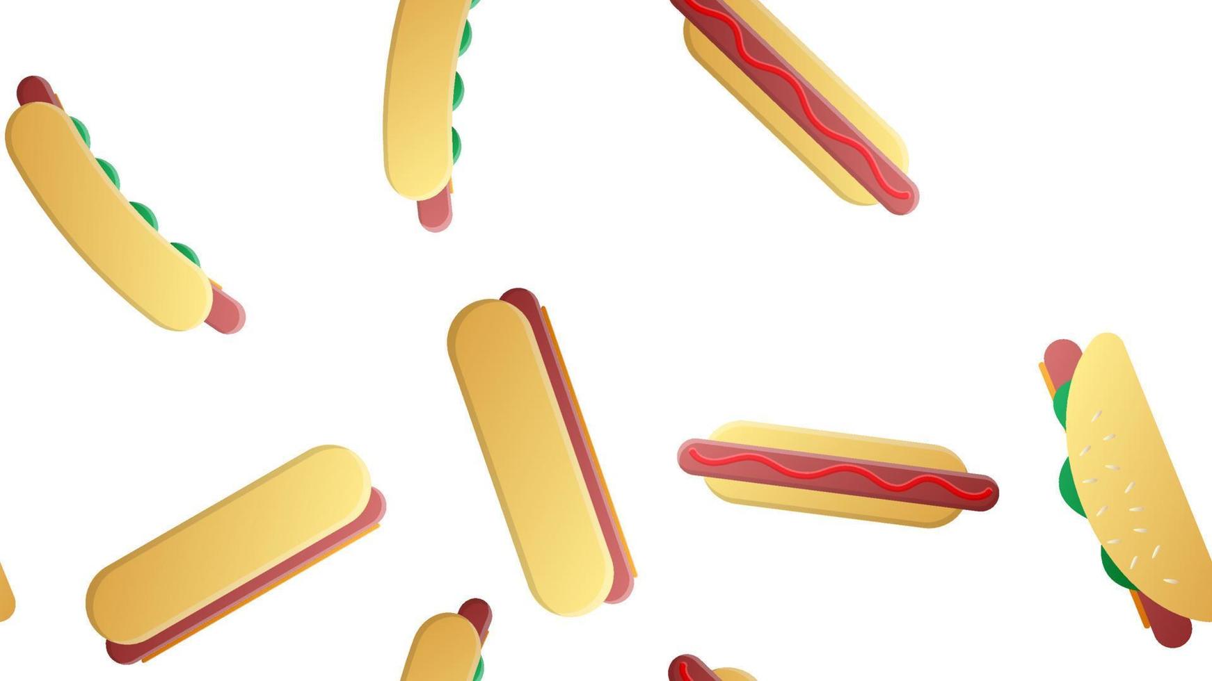 Seamless endless pattern of assorted delicious satisfying hot hot dogs, fast food on a white background. Texture vector